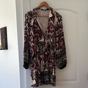 Free People Burgundy and Cream Long Sleeve Dress